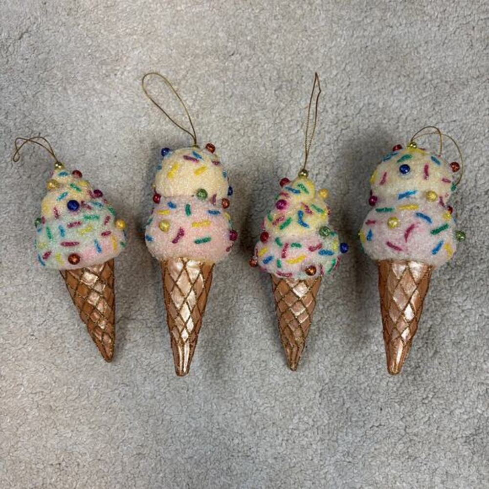Unbranded Set of 4 Ice Cream Cone Ornaments Glass Rainbow Sprinkles Pom Poms